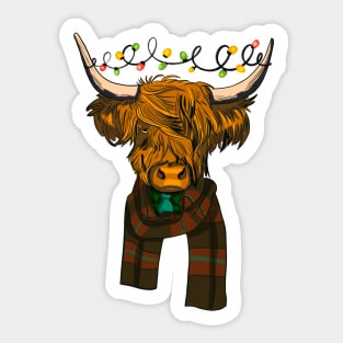 Scottish Highland Cow With Christmas Lights Sticker
